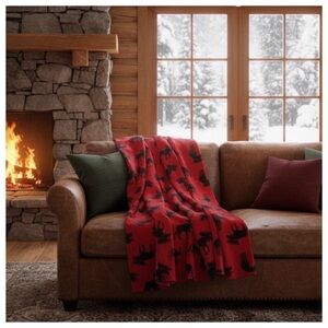 NWOT Cosy Red and Black Moose Print Fleece Blanket